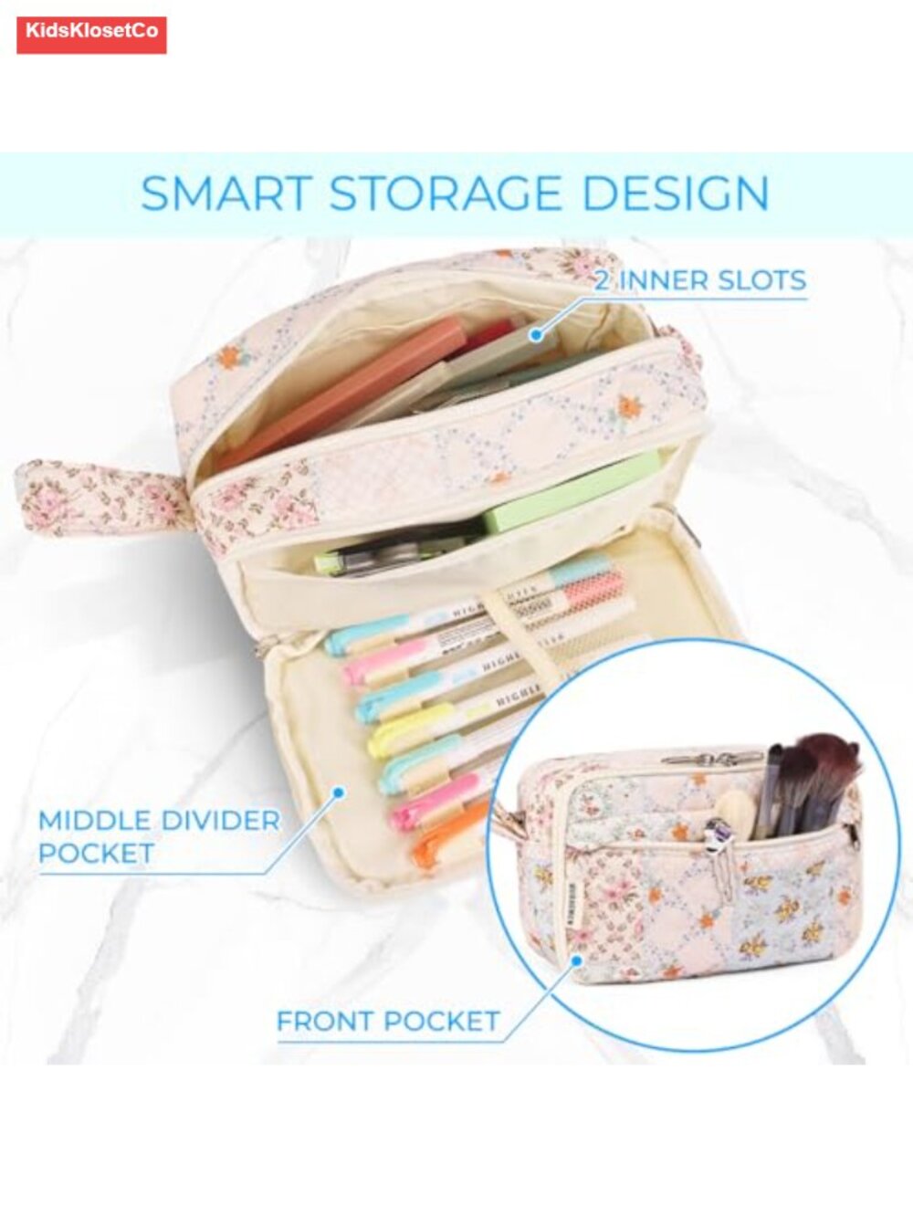 Quilted Pencil Pouch with Compartments, Large Aesthetic Pencil Case Organizer - Picture 4 of 5